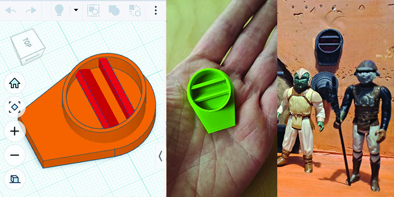 3 images showing the design of a 3D printed model