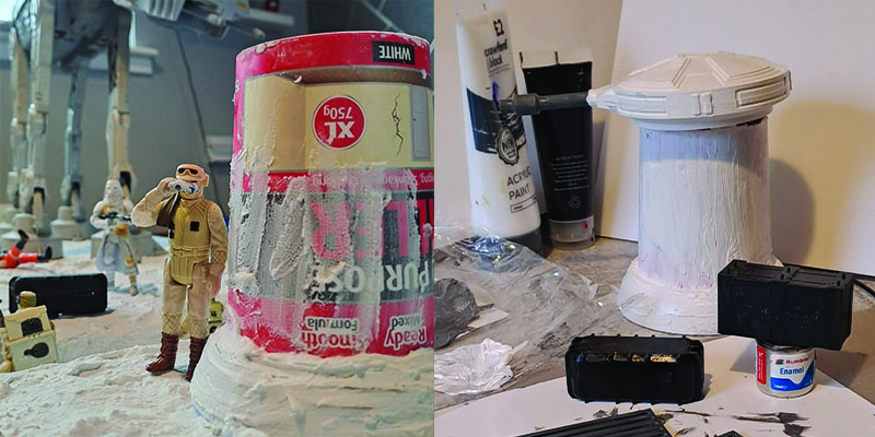 2 images showing turret build using an empty tub of filler.